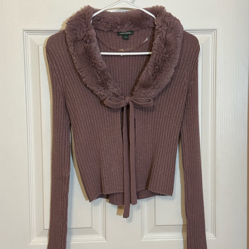Wild Fable Mauve Ribbed Cardigan with Faux Fur Collar